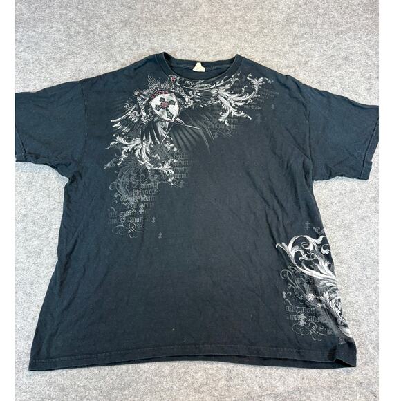 VINTAGE Y2K Shirt Mens XL Black Graphic Shield Cross Gothic Edgy Streetwear Tee - Picture 1 of 9